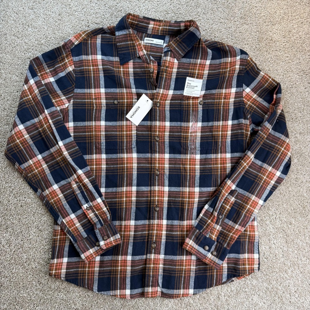 Sonoma Goods For Life Shirt Mens Large Plaid Flannel Long Sleeve Button Up